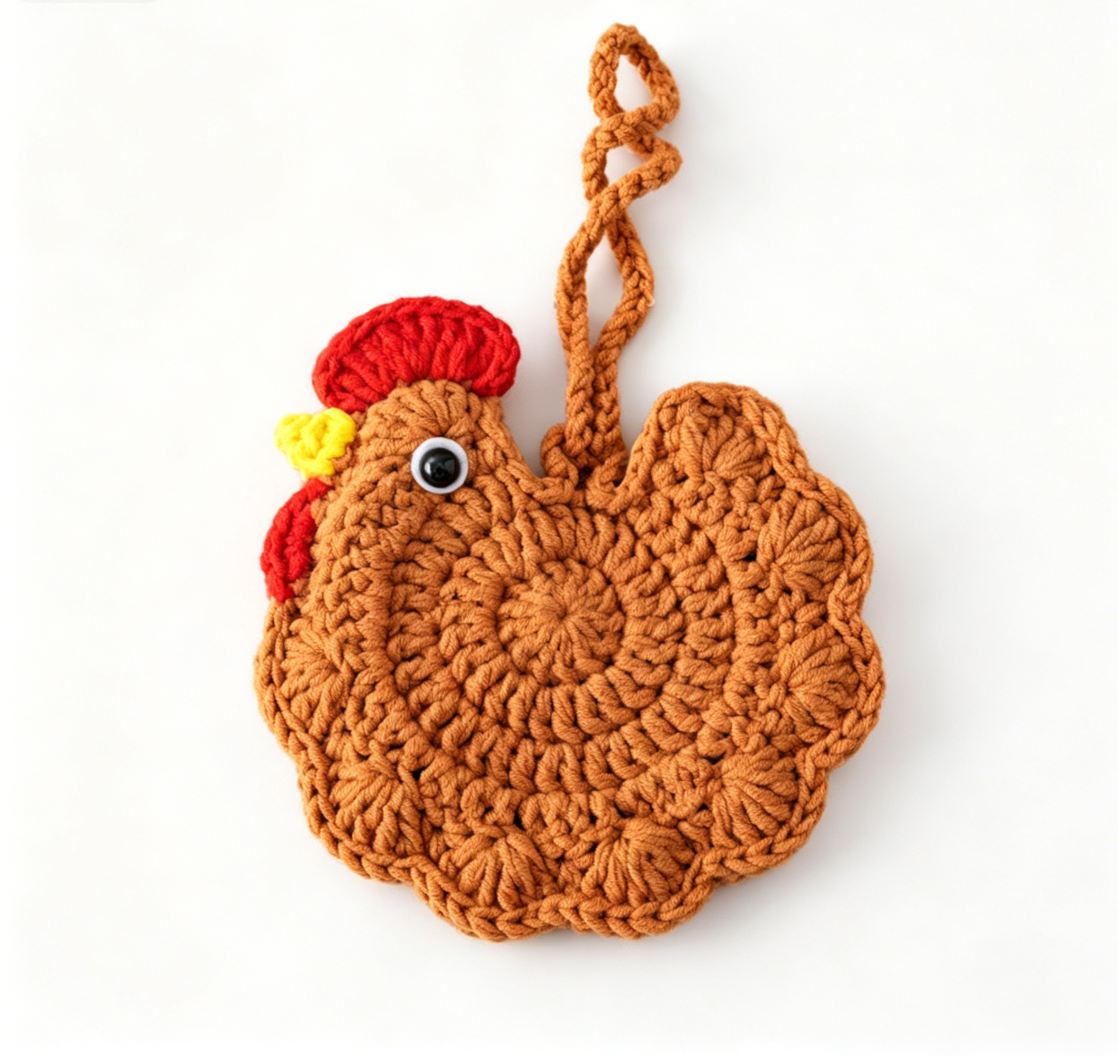 Close-up of the brown crochet chick pouch with fine crochet details