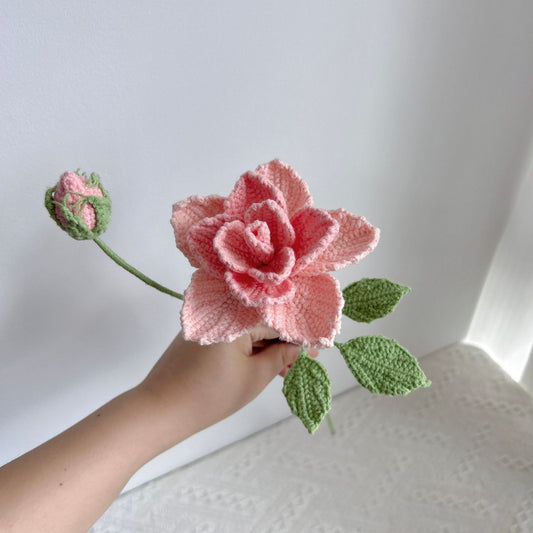 Handmade crochet china pink rose, detailed yarn petals