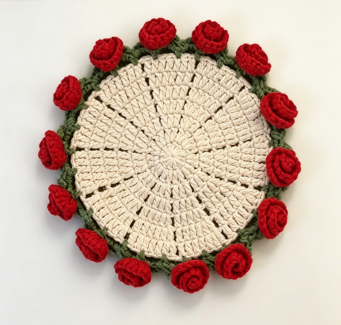Single crochet rose coaster handmade from soft yarn with realistic rose petal details