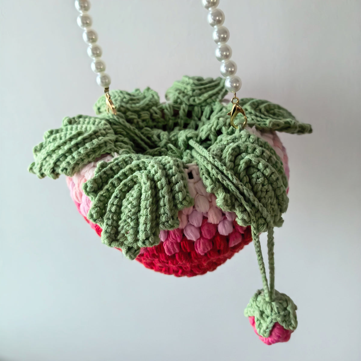 Crochet strawberry drawstring pouch top view