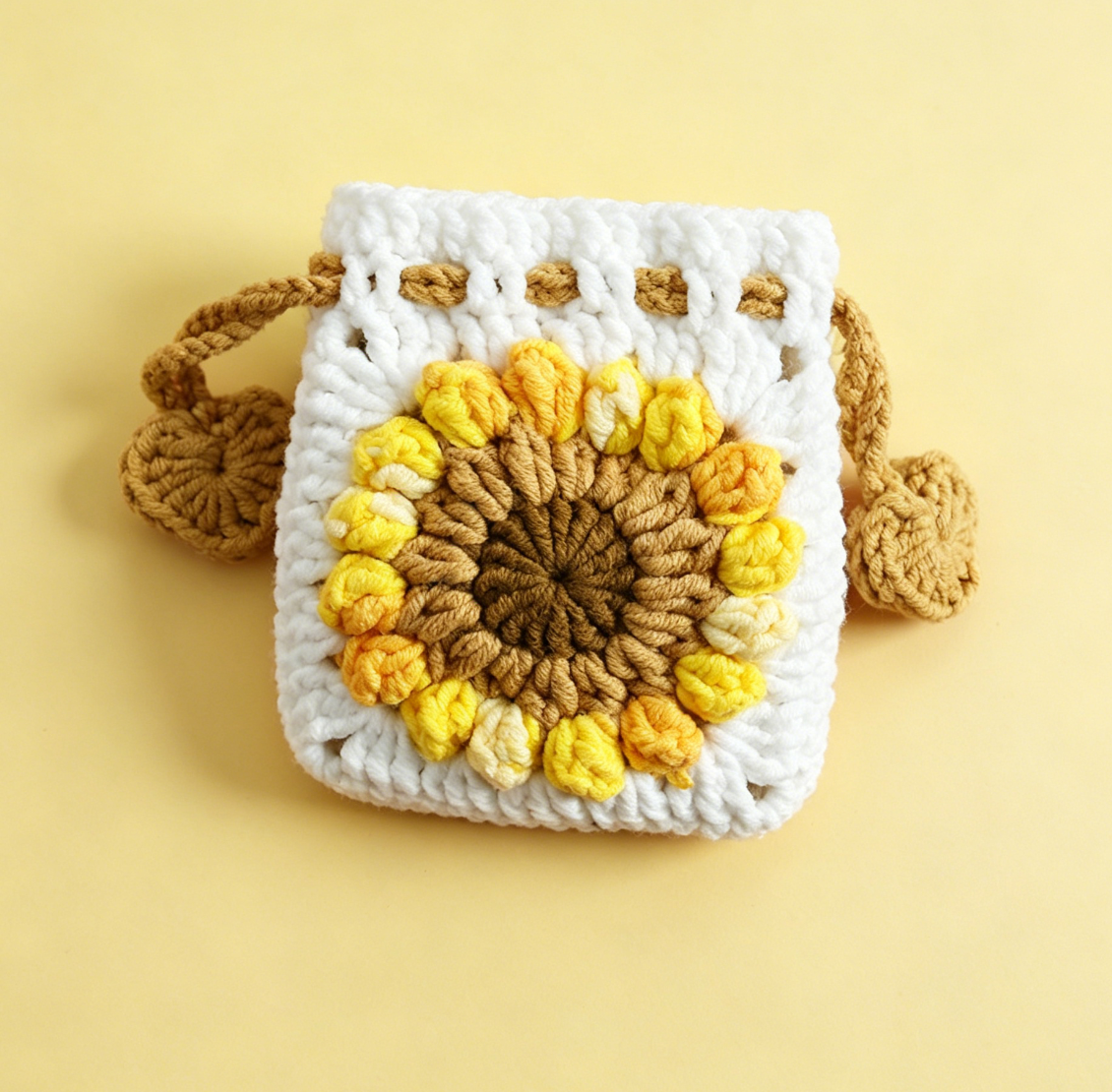 White crochet sunflower coin pouch with drawstring closure made from beginner crochet kit