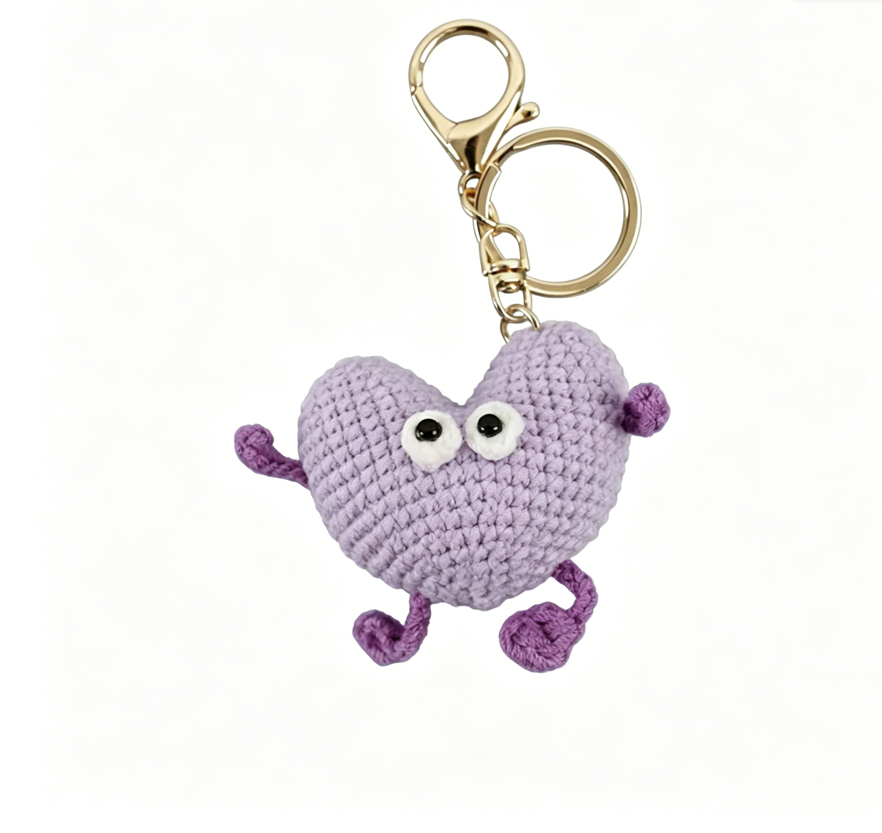 Purple crochet heart plush keychain with adorable handmade crochet craftsmanship suitable for bags and keys