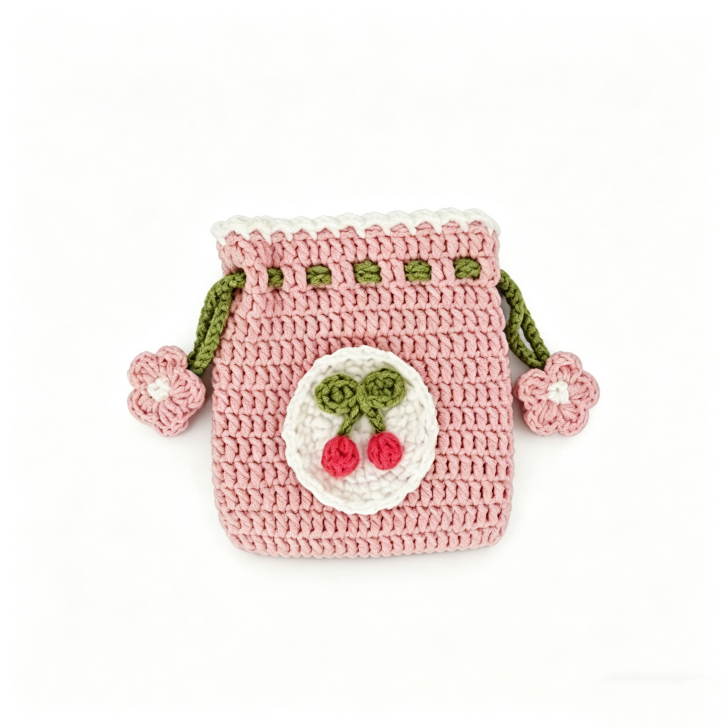 Cherry crochet drawstring pouch handmade DIY kit, cute fruit crochet pouch for small accessories and gifts