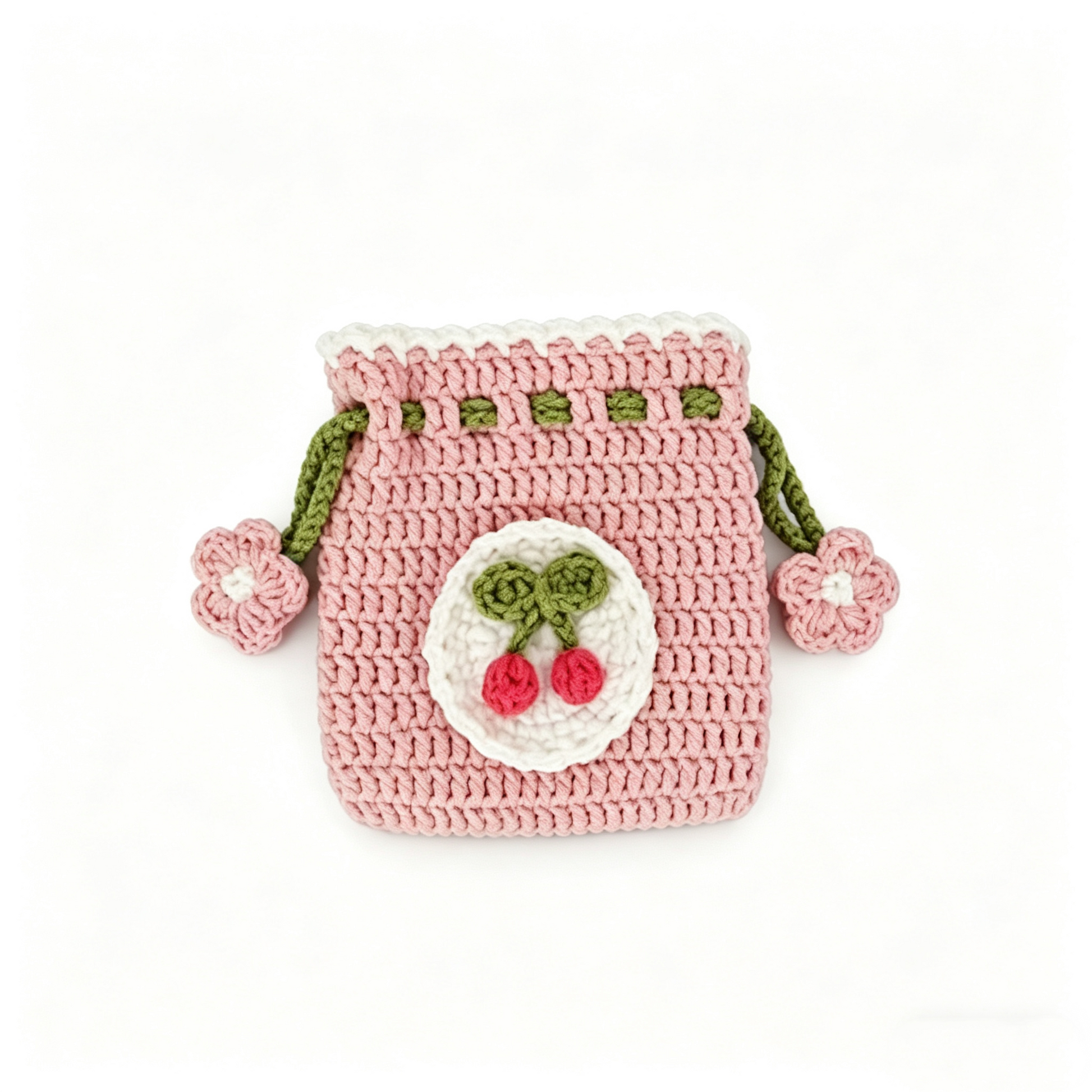 Cherry crochet drawstring pouch handmade DIY kit, cute fruit crochet pouch for small accessories and gifts