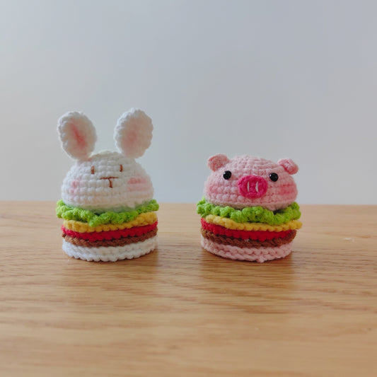Crochet hamburger plush kit featuring cute pig and bunny designs