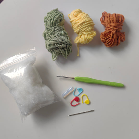 Complete crochet avocado kit materials including yarn accessories and tools
