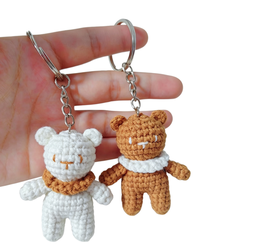 Brown and white crochet bear kit finished mini teddy bear keychains display
