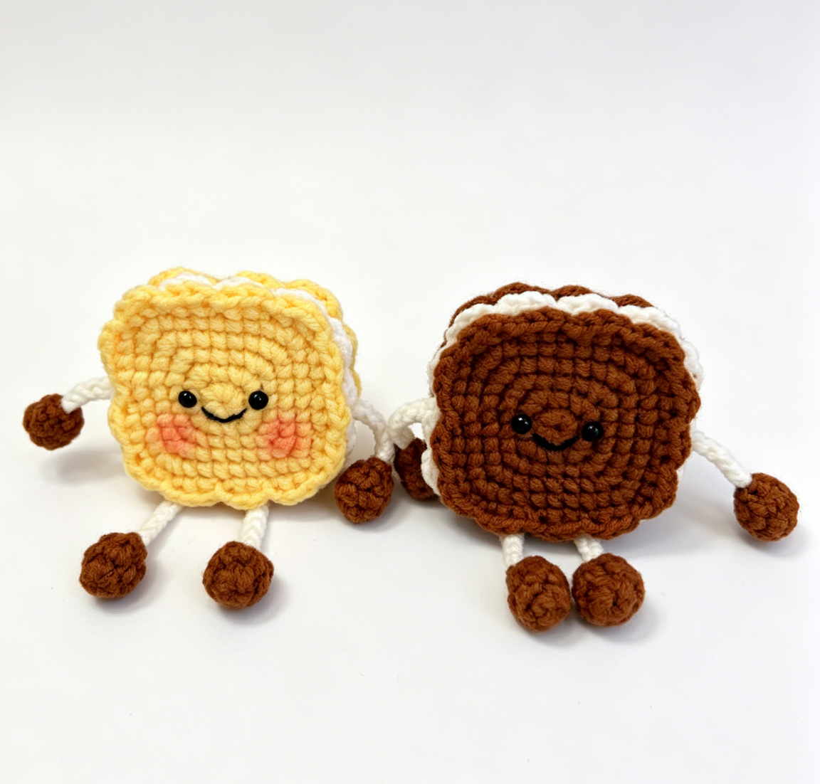 Handmade brown crochet biscuit keychain displayed from a different angle with realistic biscuit-inspired design