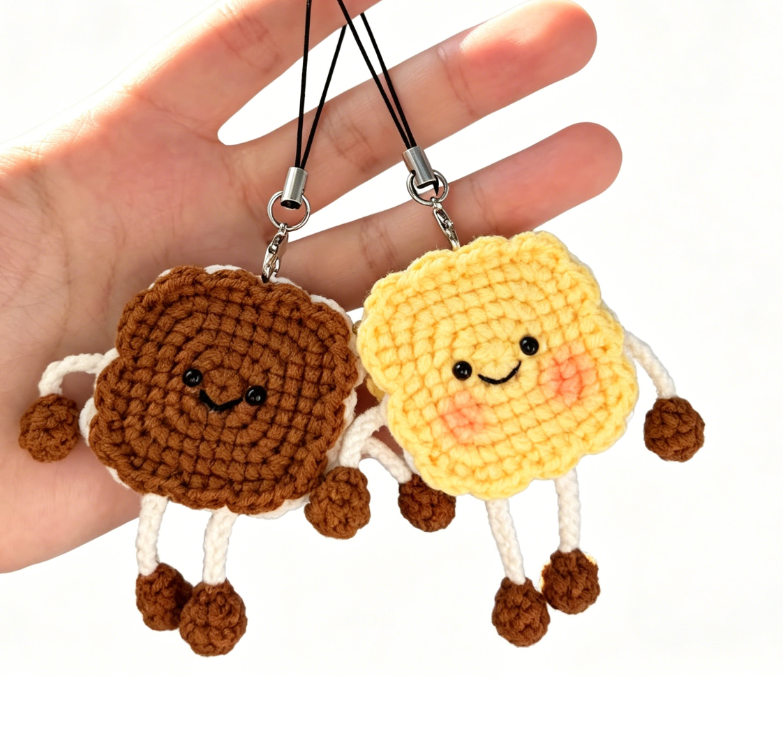 Crochet biscuit keychain kit finished project shown from a close-up angle featuring cute handmade craftsmanship