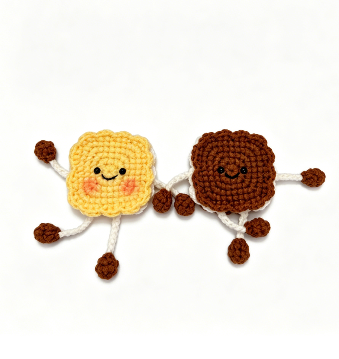 Crochet Biscuit Keychain Kit featuring yellow and brown biscuit keychains displayed together in a flat lay arrangement