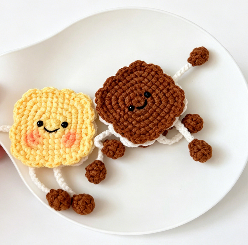 Cute yellow crochet biscuit keychain shown from an angled view highlighting handmade details