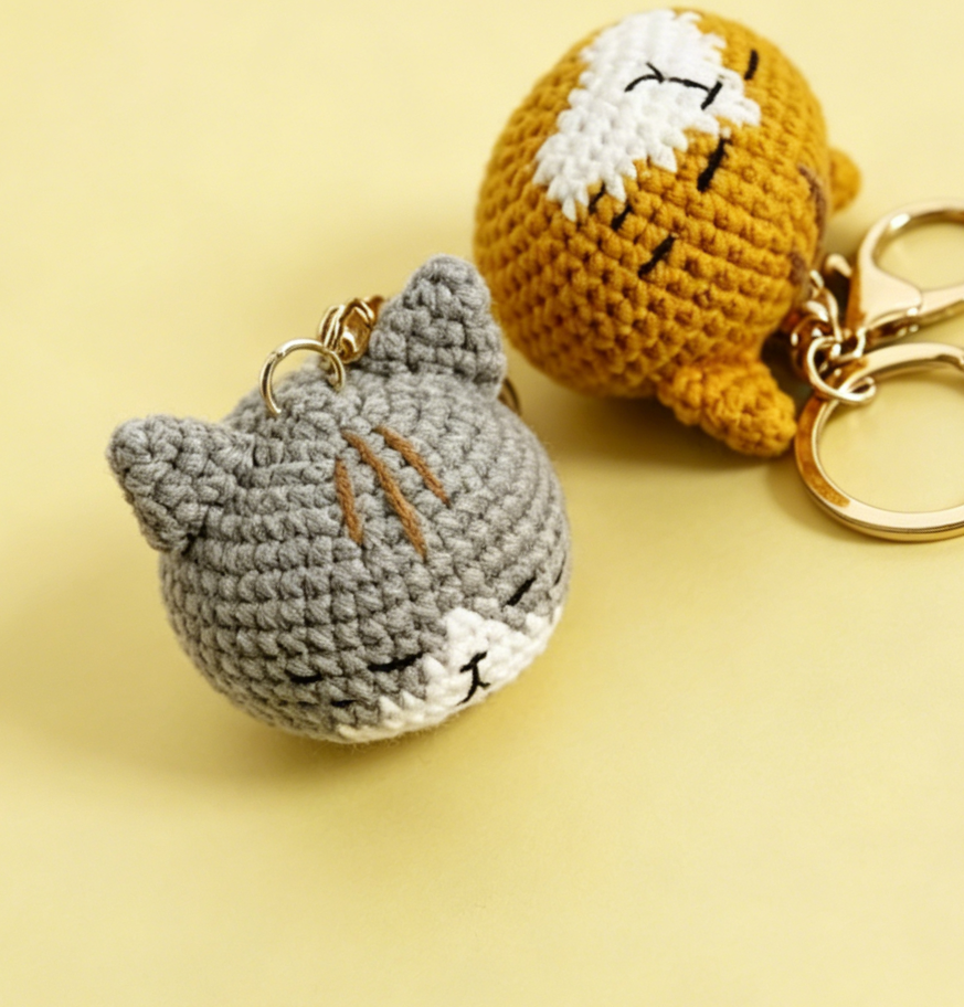 Close-up detail of handmade crochet cat plush showing cute facial features, stitching, and soft yarn texture