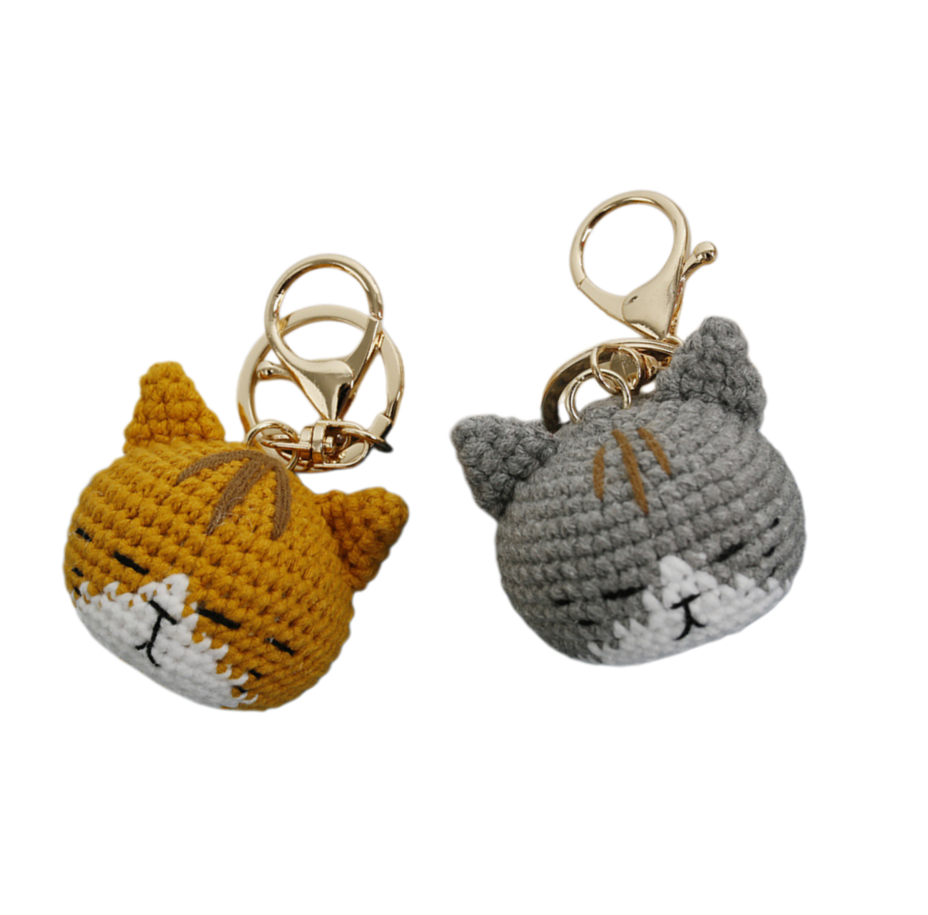 DIY crochet cat plush kit featuring gray and yellow cat keychains handmade from yarn, cute amigurumi crochet craft kit