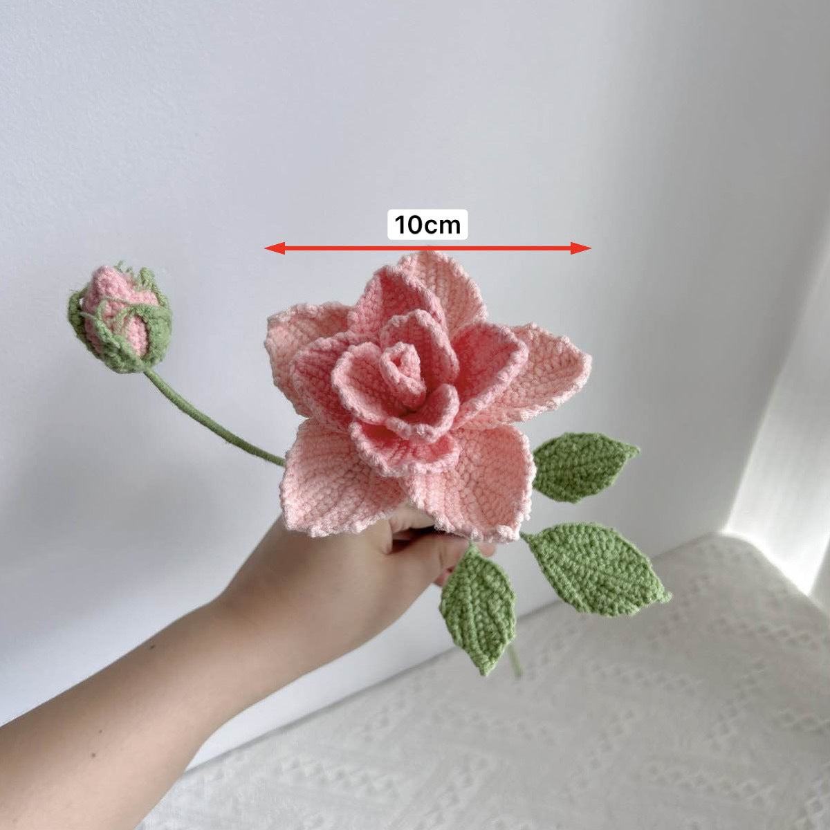 Handmade crochet china rose bouquet size display, flower approx. 10cm wide