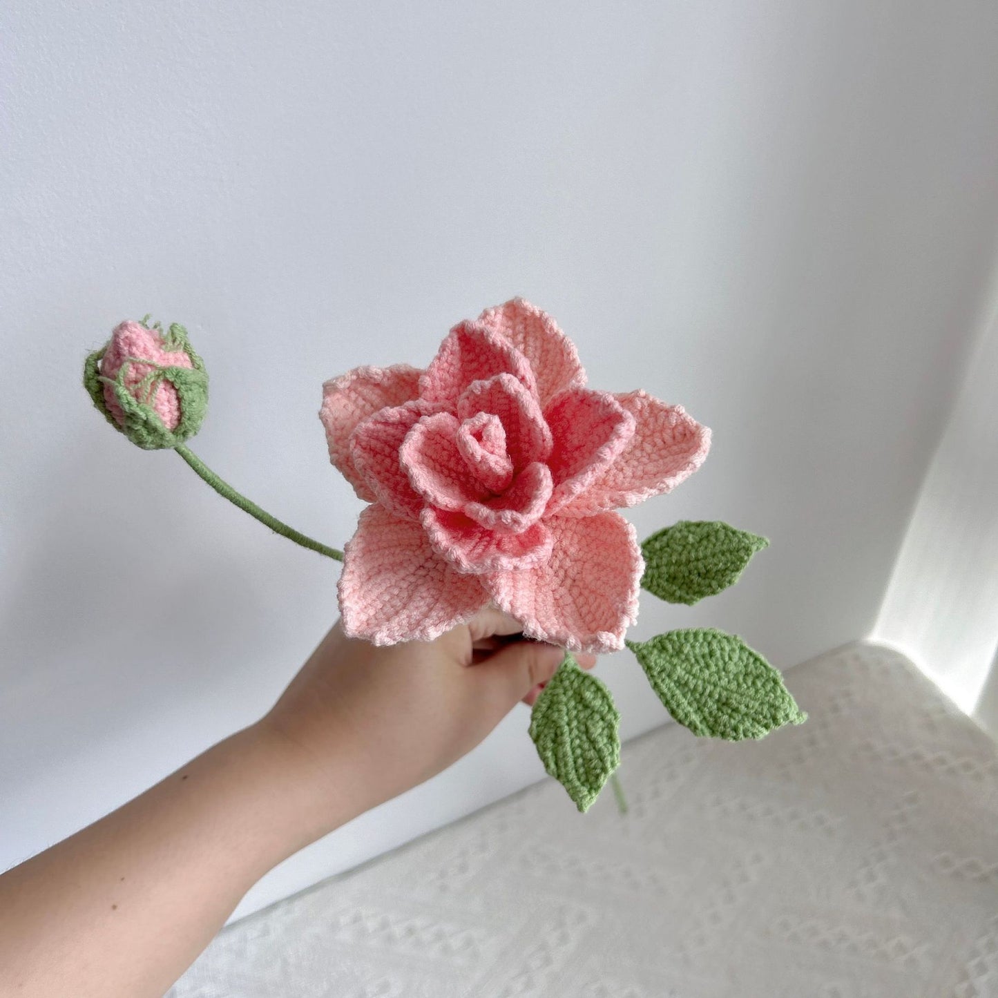 Handmade crochet china pink rose, detailed yarn petals