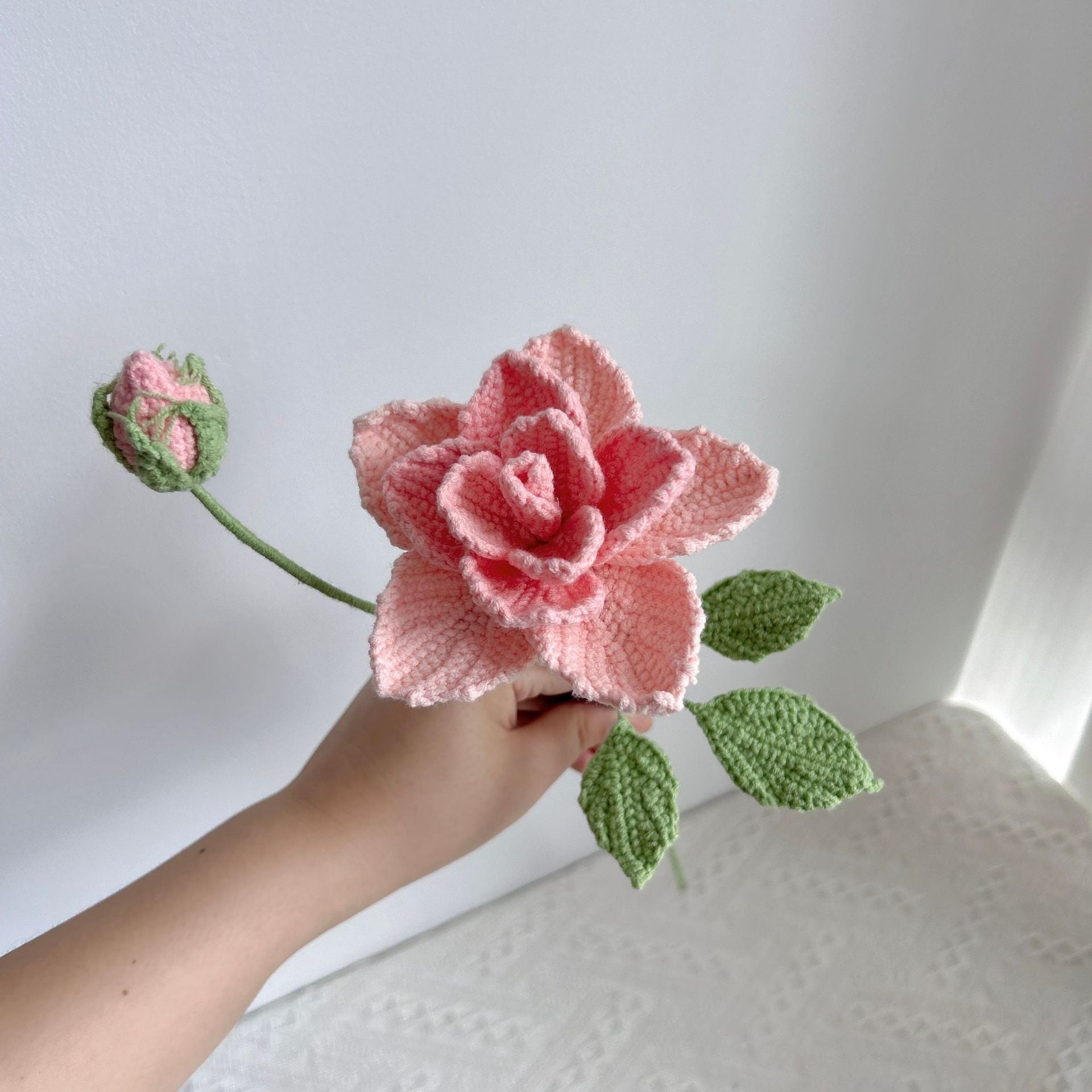 Handmade crochet china pink rose, detailed yarn petals