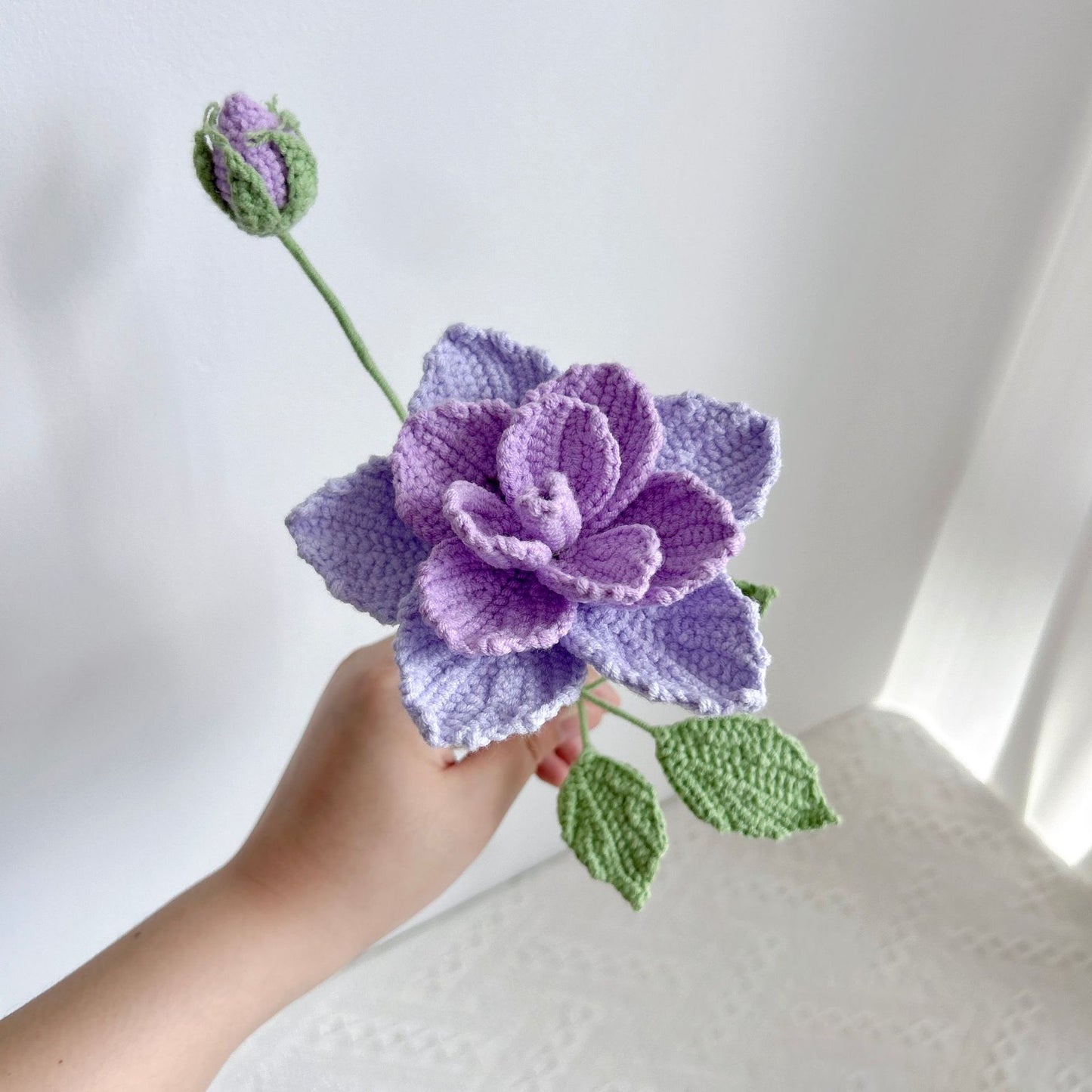 Handmade crochet purple china rose, detailed amigurumi flower