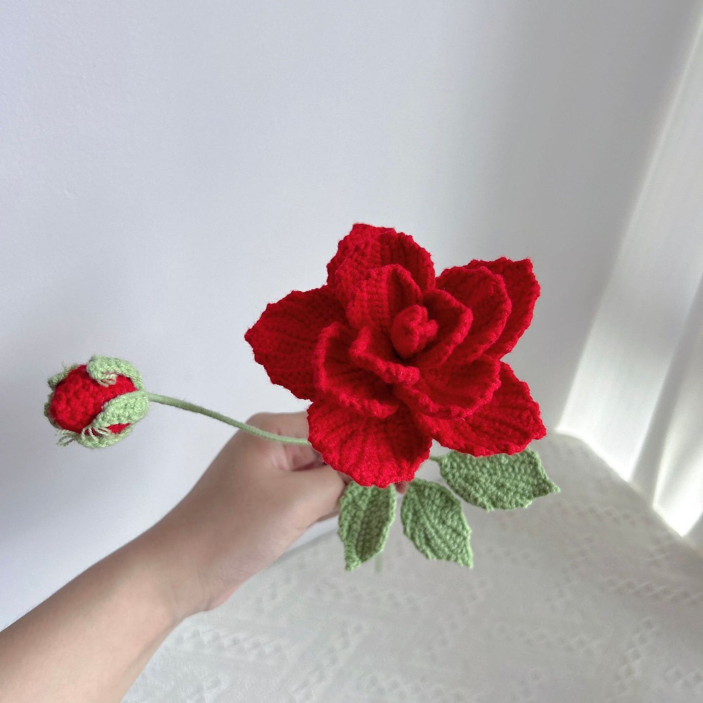 Handmade crochet red china rose, realistic yarn petals