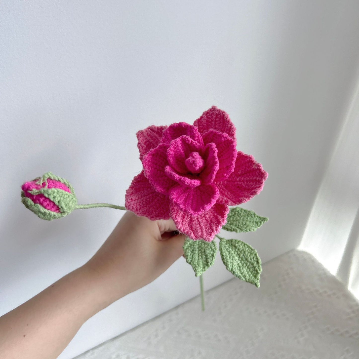 Handmade crochet china rose rose red , realistic amigurumi flower