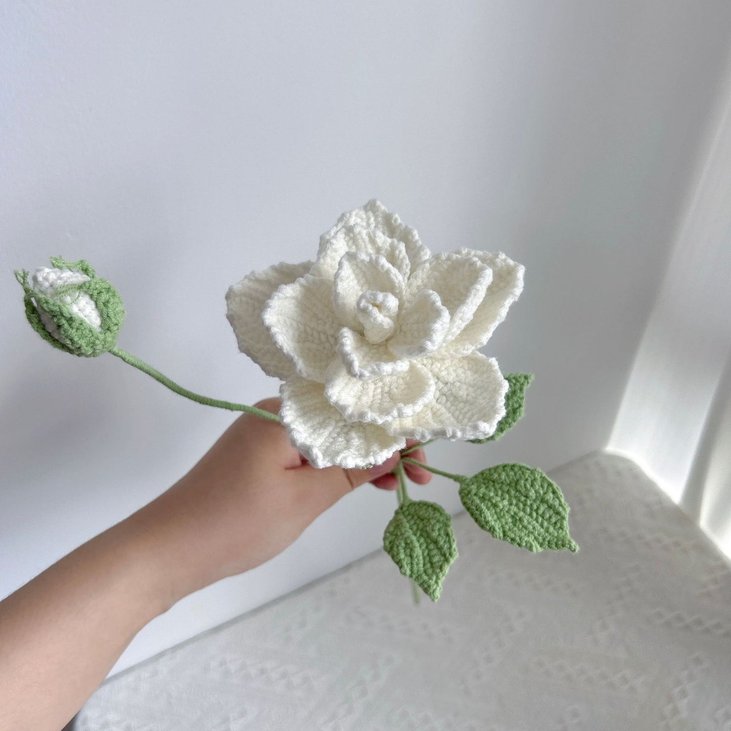 Handmade crochet white china rose, delicate yarn petals