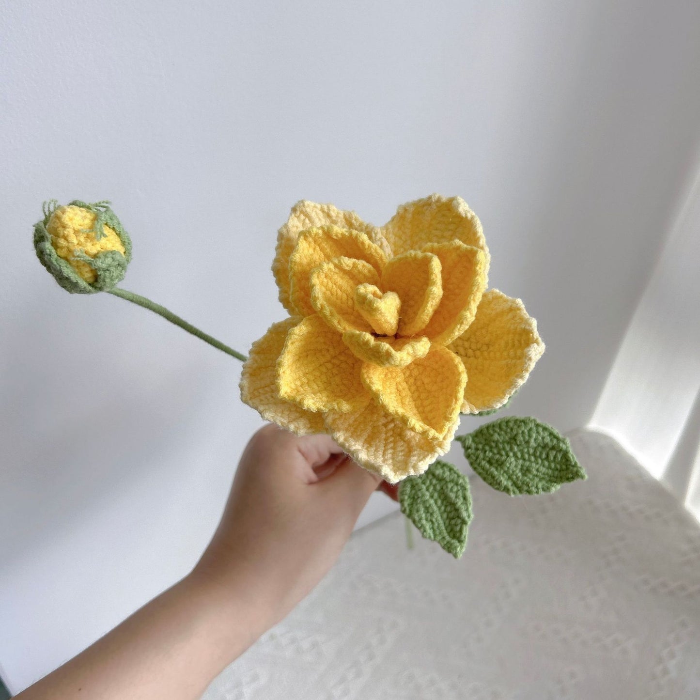 Handmade crochet yellow china rose, detailed crochet flower