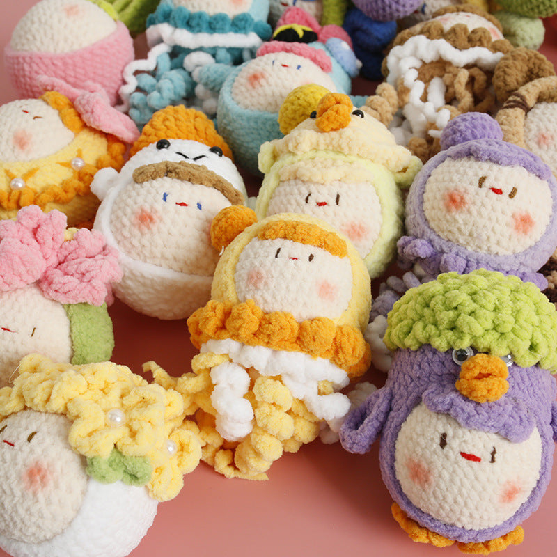 details of handmade crochet doll plush keychain showing neat finish