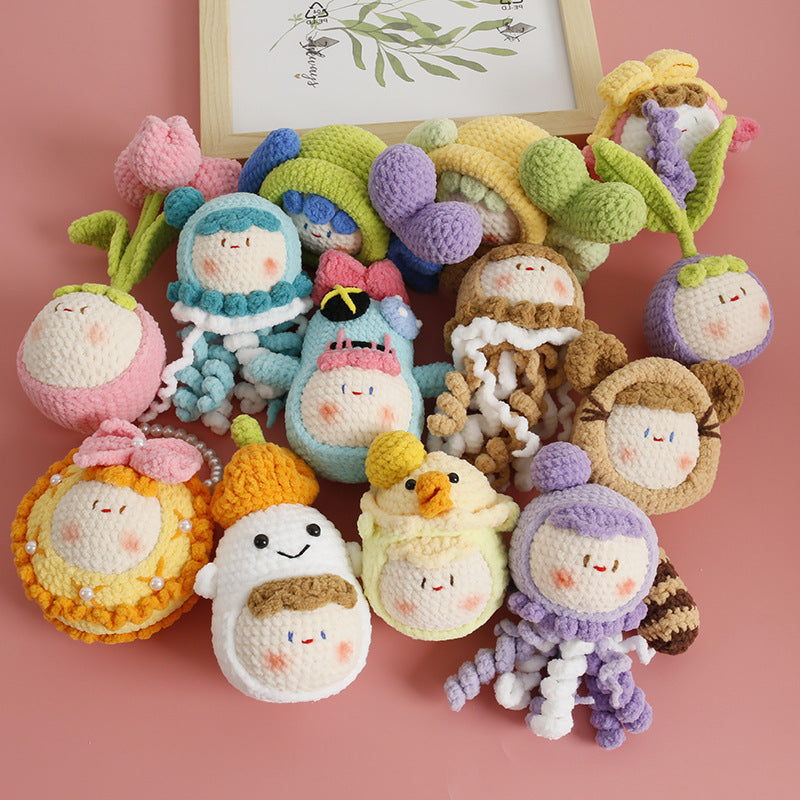Collection of cute handmade crochet doll plush keychains in different styles