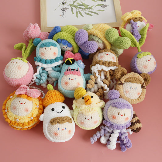Collection of cute handmade crochet doll plush keychains in different styles