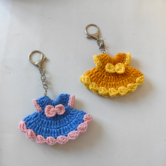 Crochet dress keychain kit shown in two cute colors