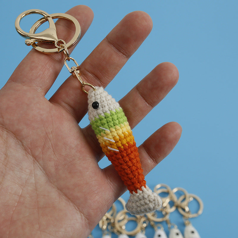 Close-up detail of crochet fish plush keychain stitching and shape