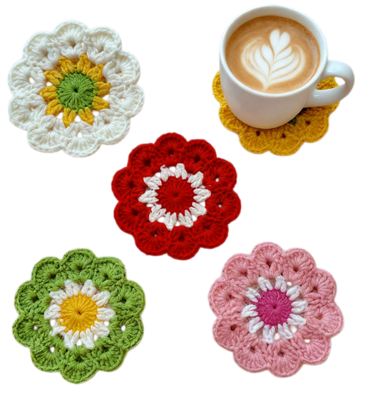 Crochet Flower Coaster Kit featuring five colorful flower coasters displayed together in a flat lay arrangement