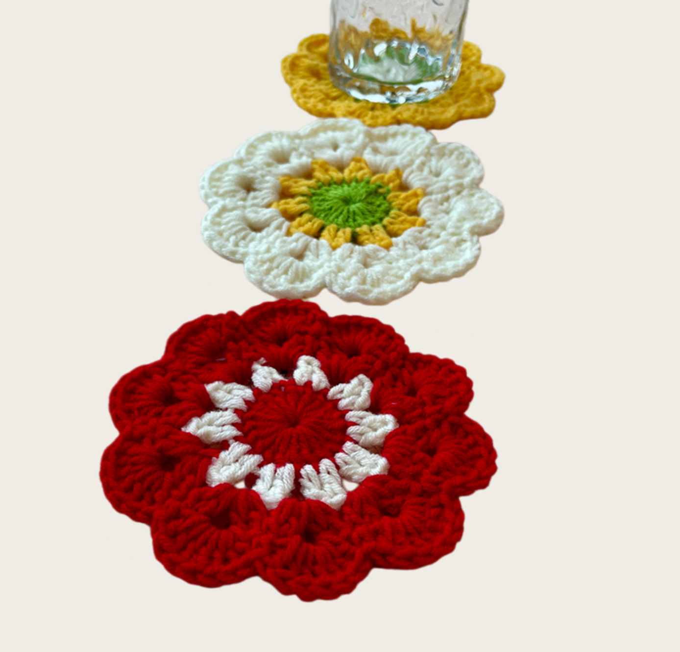Colorful crochet flower coaster set shown from a different angle highlighting floral details and craftsmanship