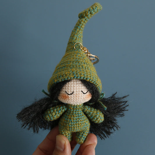Crochet forest elf doll front view, handmade green fairy amigurumi