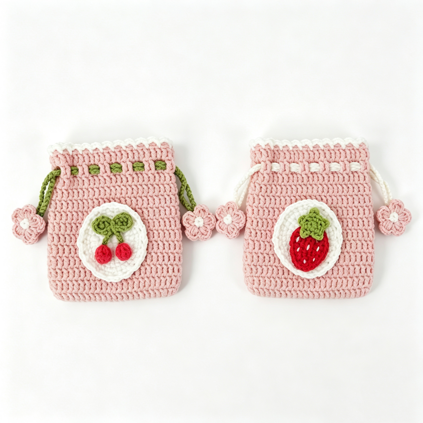 Crochet fruit drawstring pouch kit with cute cherry and strawberry pouch