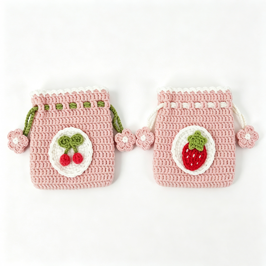 Crochet fruit drawstring pouch kit with cute cherry and strawberry pouch