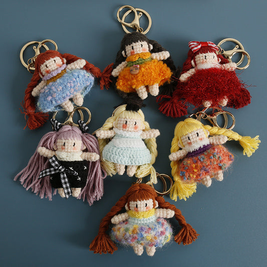 Handmade crochet girl plush keychain collection with long braids in different colors