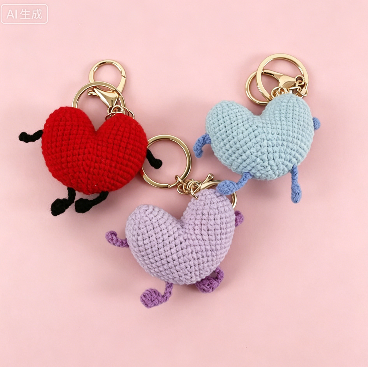 Back view of red, purple, and blue crochet heart plush keychains showing handmade crochet details