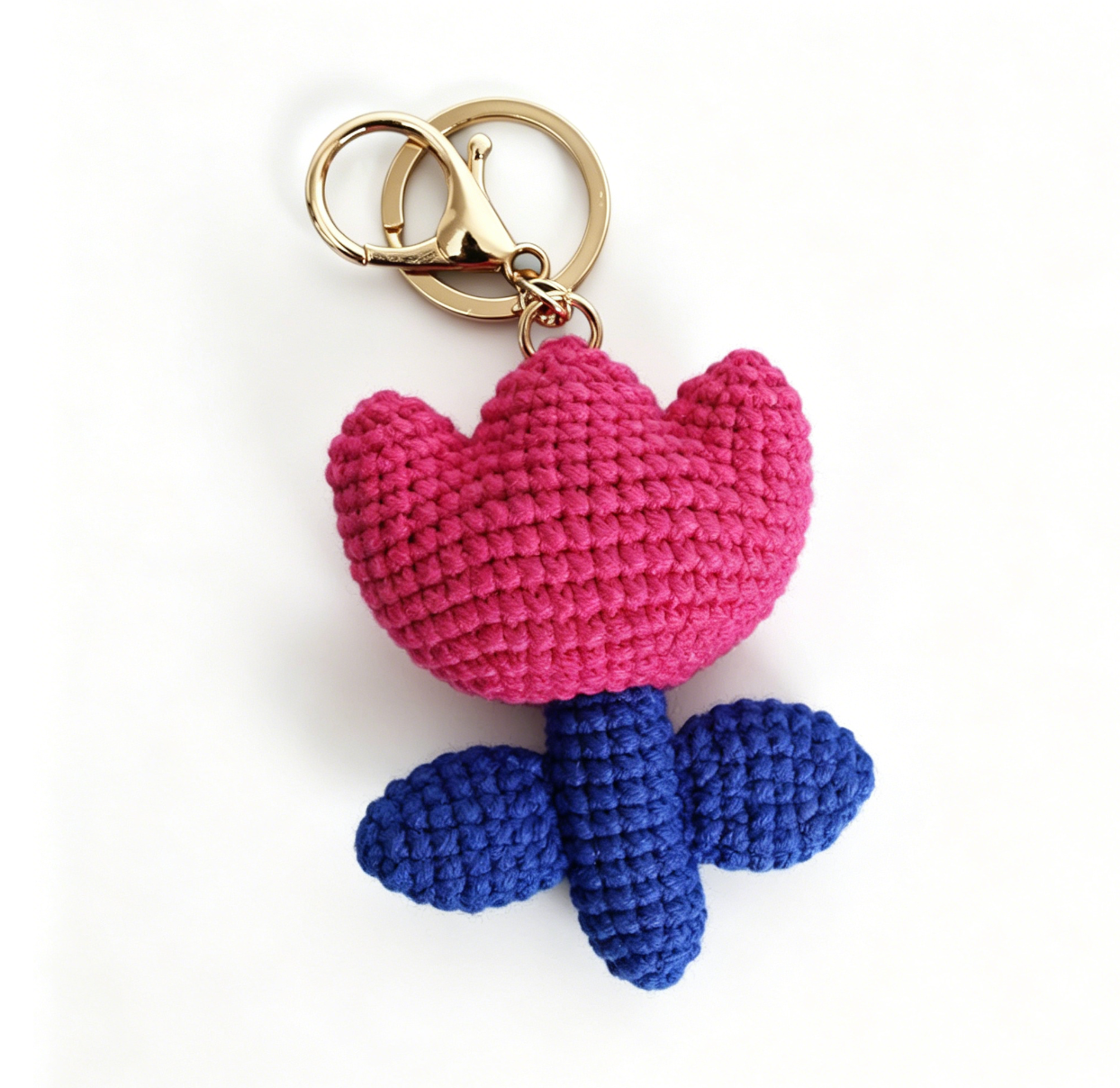 Hot pink crochet tulip charm for keychain and bag decoration