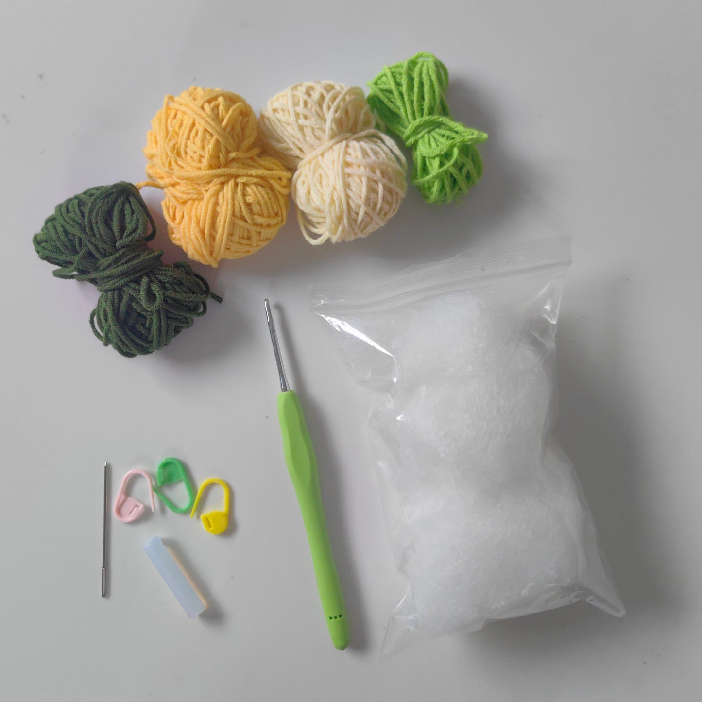 Complete crochet lemon kit with yarn, crochet hook, stuffing and accessories