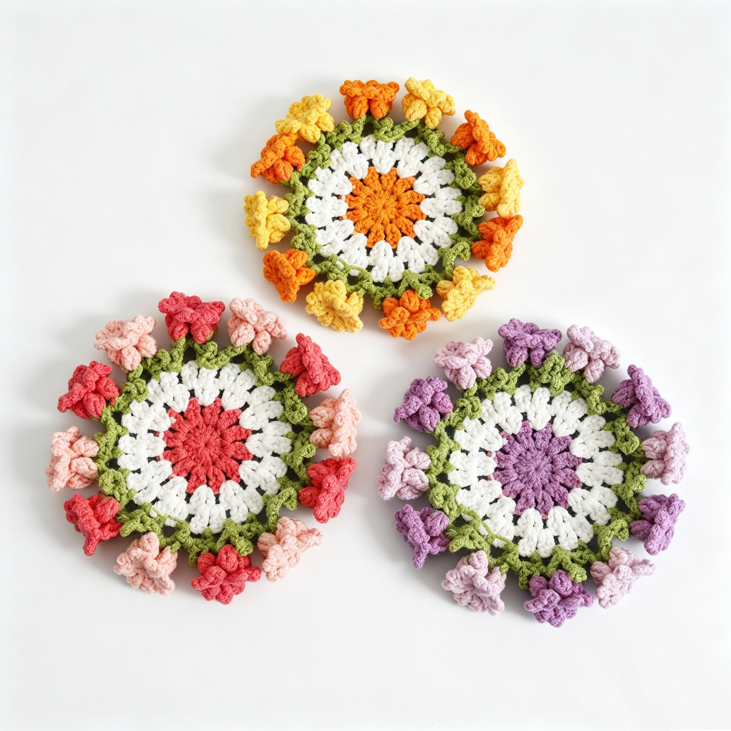 Crochet Lily Coaster Kit featuring purple, yellow, and pink Lily of the Valley flower coasters displayed together.