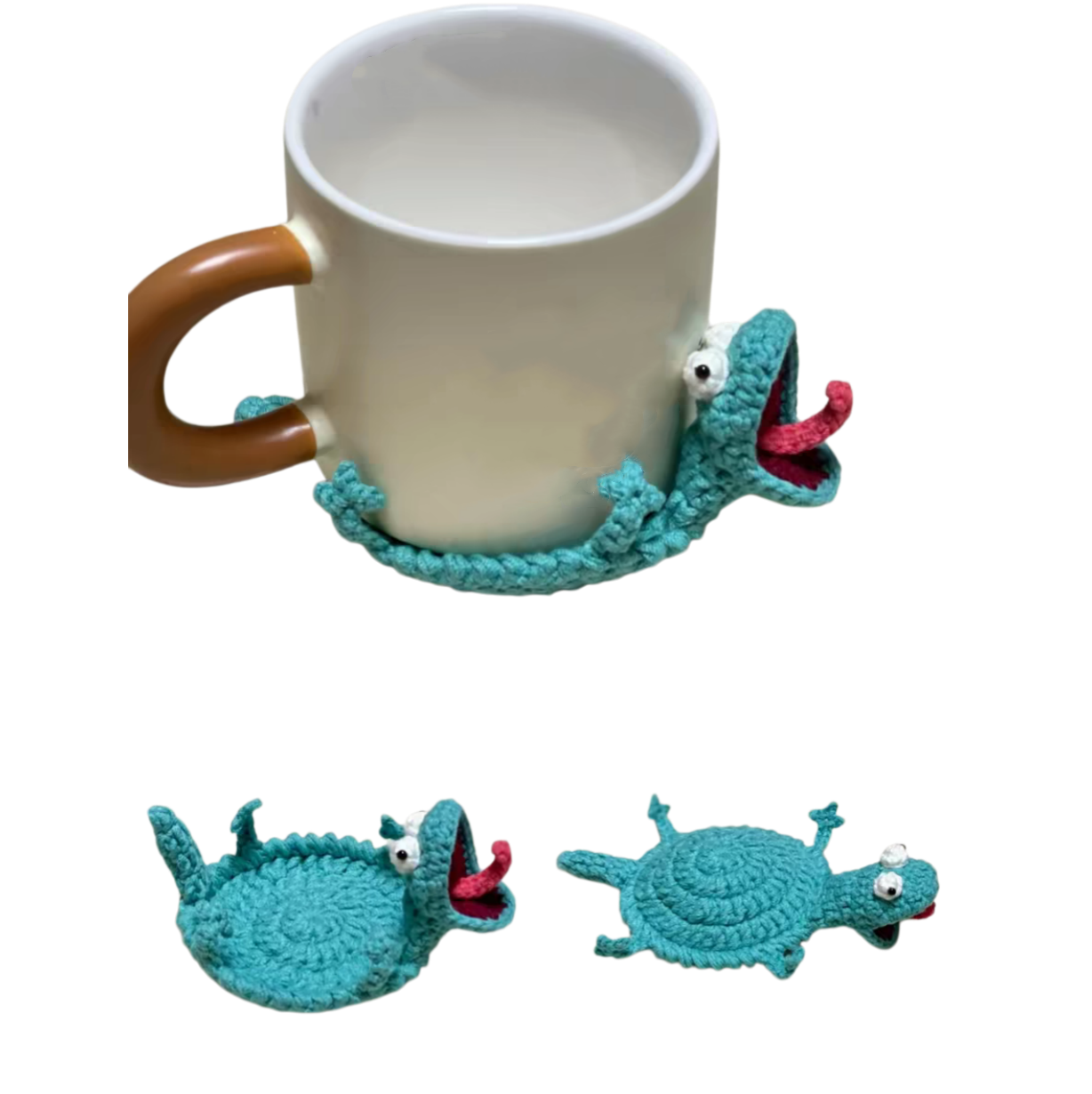 Crochet Lizard Coaster Kit showing three finished lizard coasters from different angles