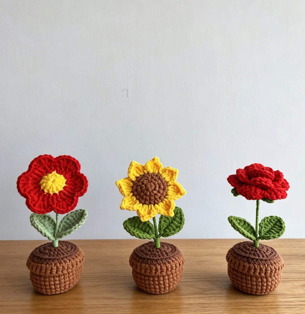 Crochet Mini Flower Kit featuring red flower, sunflower, and rose finished crochet projects displayed together