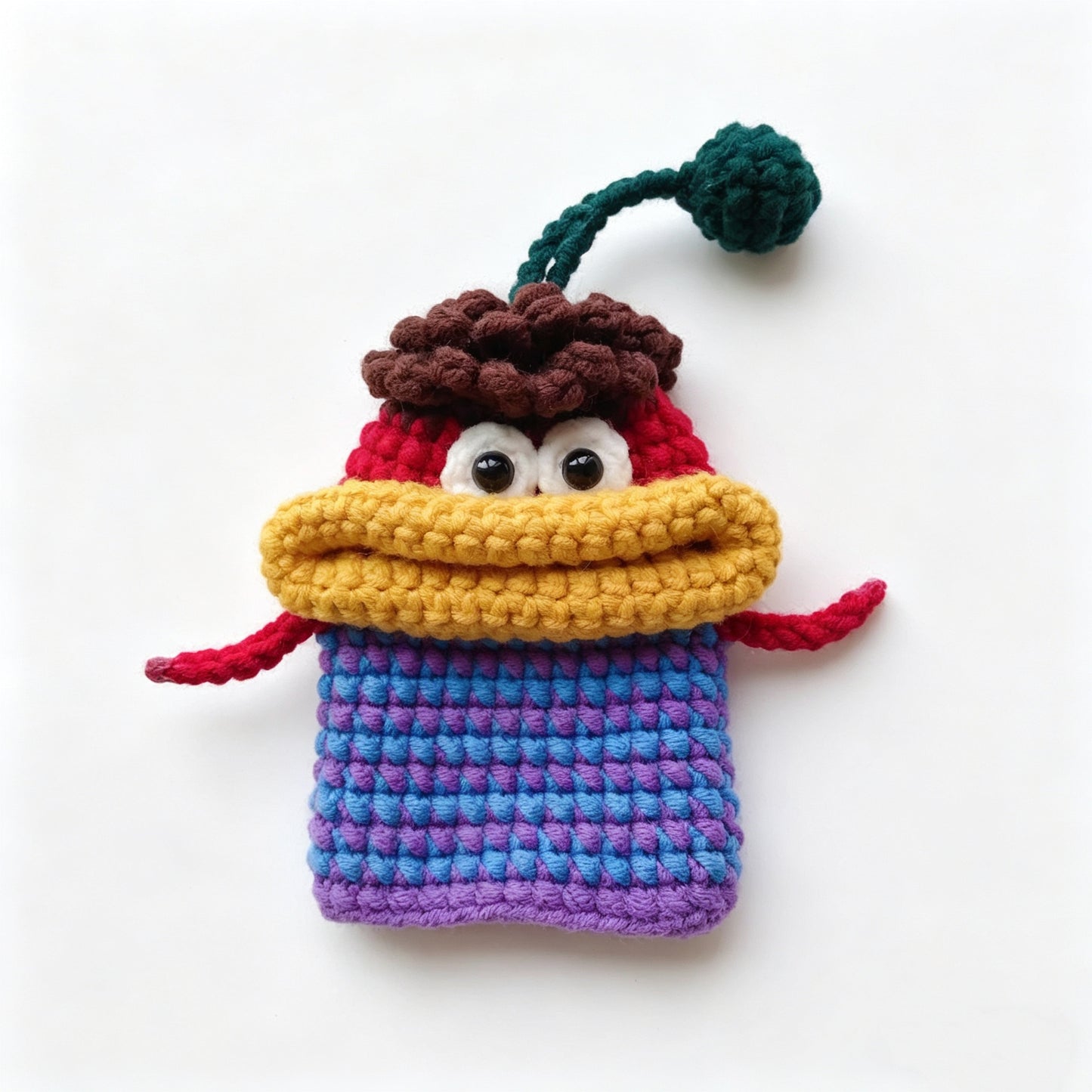 Purple crochet monster key cover close-up cute handmade monster pouch