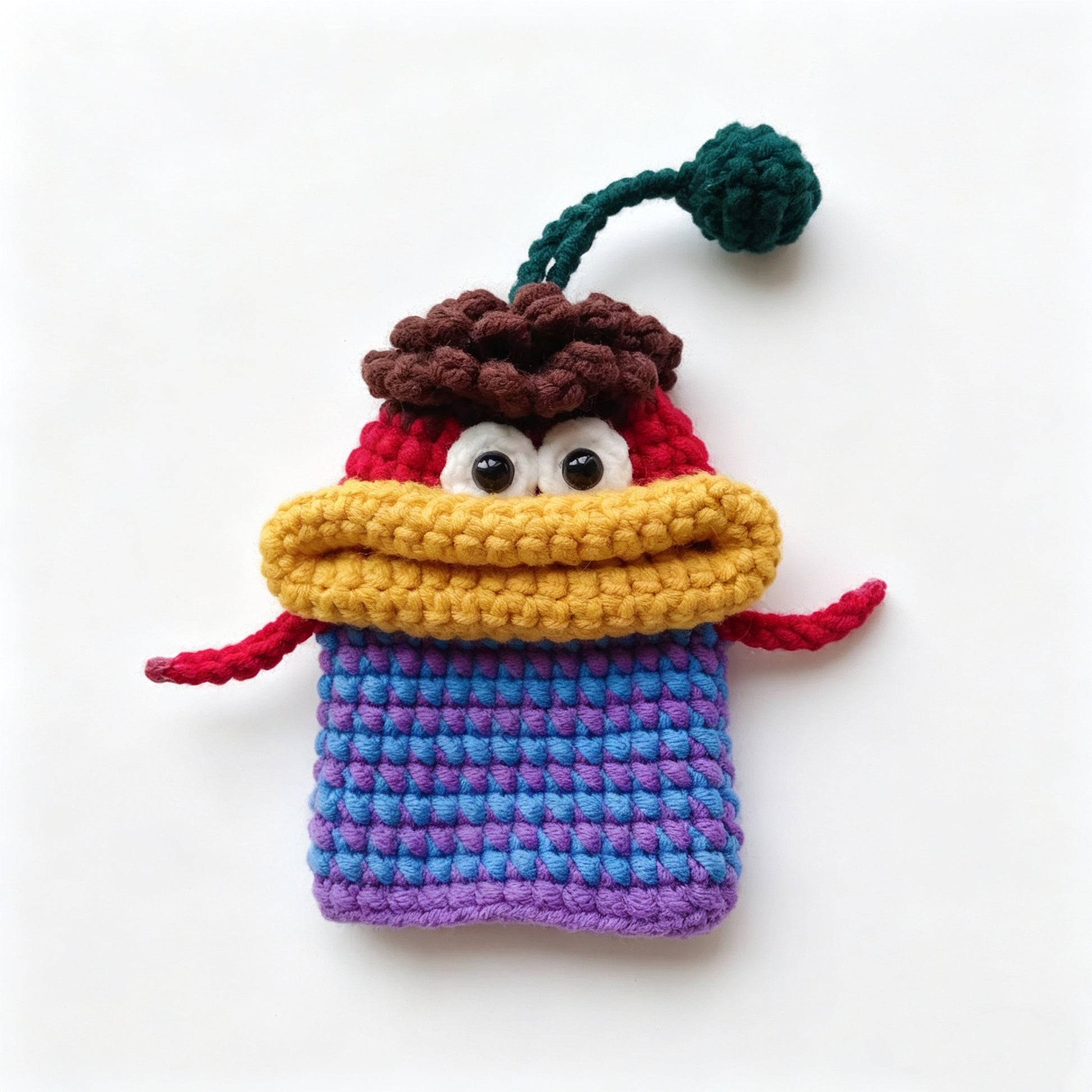 Purple crochet monster key cover close-up cute handmade monster pouch