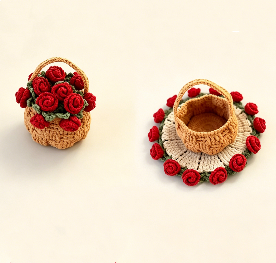 Crochet Rose with Basket Kit featuring two finished rose flower coasters arranged in a cute mini basket