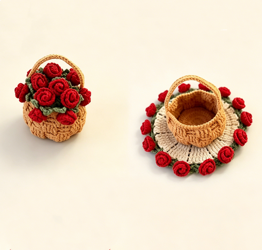 Crochet Rose with Basket Kit featuring two finished rose flower coasters arranged in a cute mini basket