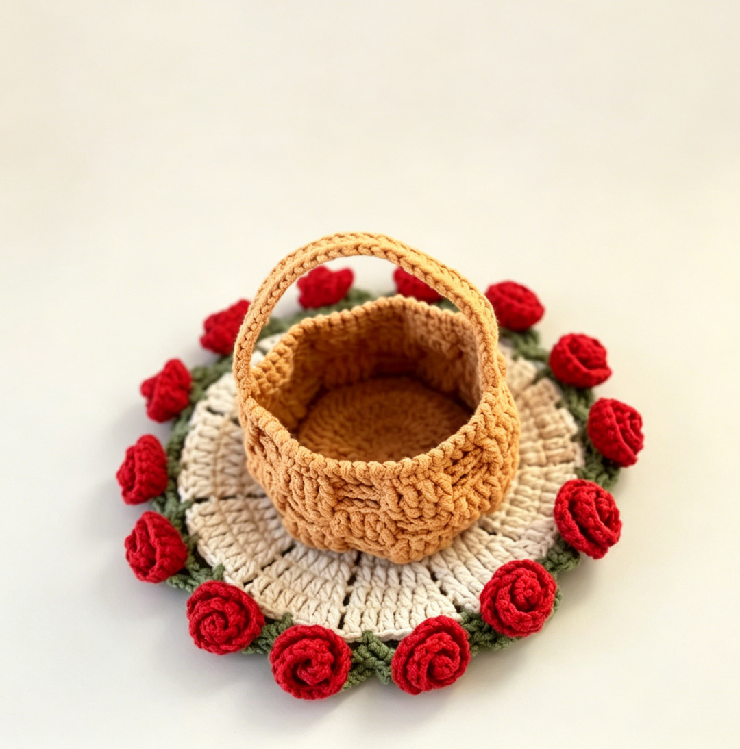 Open crochet rose coasters displayed flat as decorative flower-shaped coasters