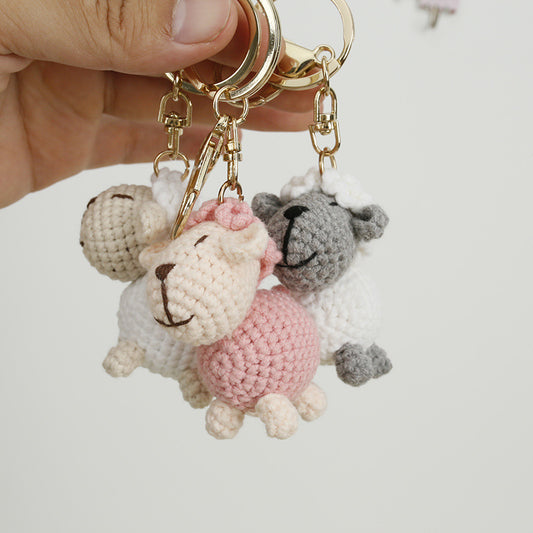 handmade crochet sheep plush keychain with metal keyring