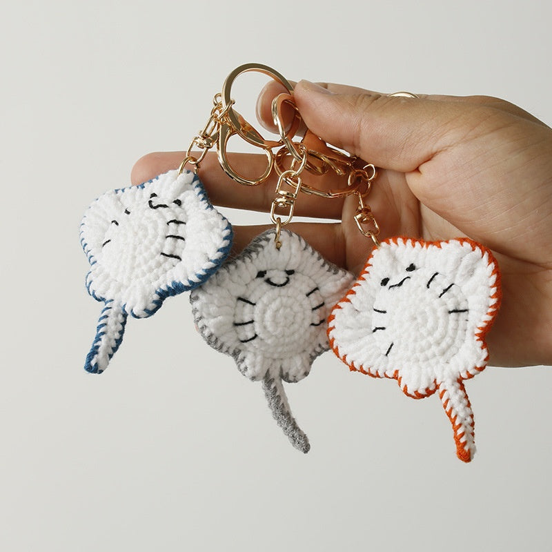 Crochet Stingray Keychain Kit featuring blue, gray, and red stingray keychains together