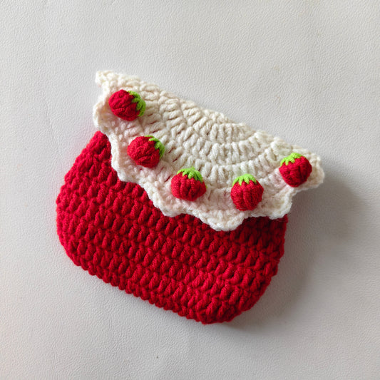 Cute crochet strawberry pouch kit shown from the front